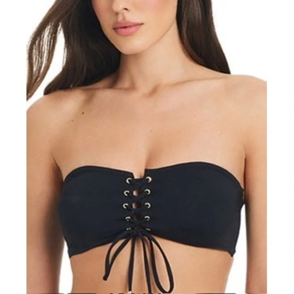 NWOT Red Carter Bikini Top Women Black Lace Up Bandeau Strapless Swim M $70